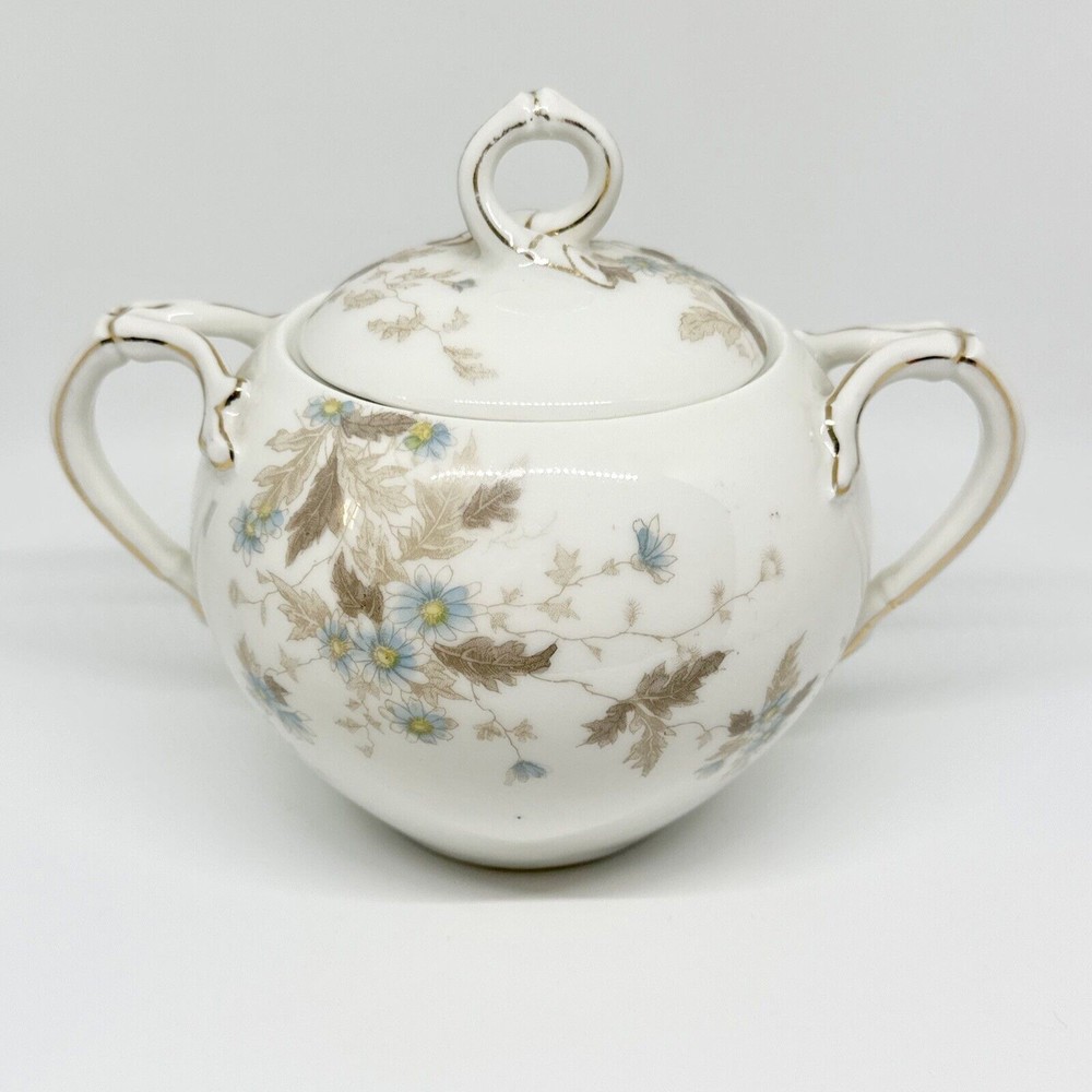 T&V blue florals sugar bowl with lid Hand Painted‎ Gold Painted Outline China